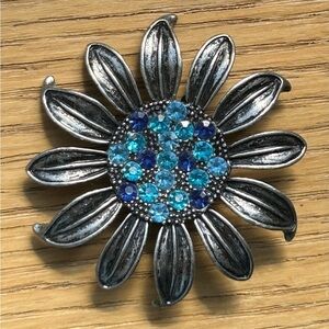 Vintage Flower Blue Rhinestone Pewter Brooch
